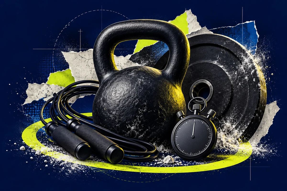 Colagem autoral de kettlebell, anilha, corda e cronômetro, em azul e amarelo